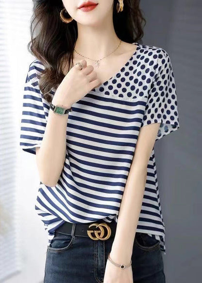 Women Blue O Neck Striped Dot Patchwork Silk Top Summer BV076 MZF-STP240702