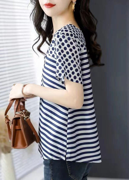 Women Blue O Neck Striped Dot Patchwork Silk Top Summer BV076 MZF-STP240702
