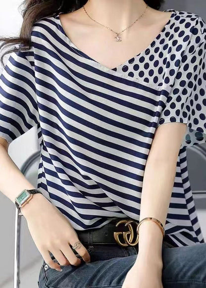 Women Blue O Neck Striped Dot Patchwork Silk Top Summer BV076 MZF-STP240702