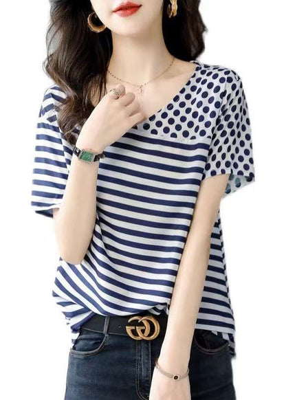 Women Blue O Neck Striped Dot Patchwork Silk Top Summer BV076 MZF-STP240702