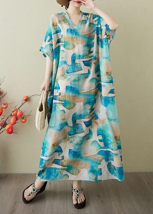 Print Summer Dress Blue Oversized Party Women Cotton FashionChic
