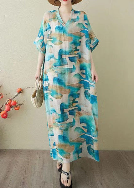 Print Summer Dress Blue Oversized Party Women Cotton FashionChic