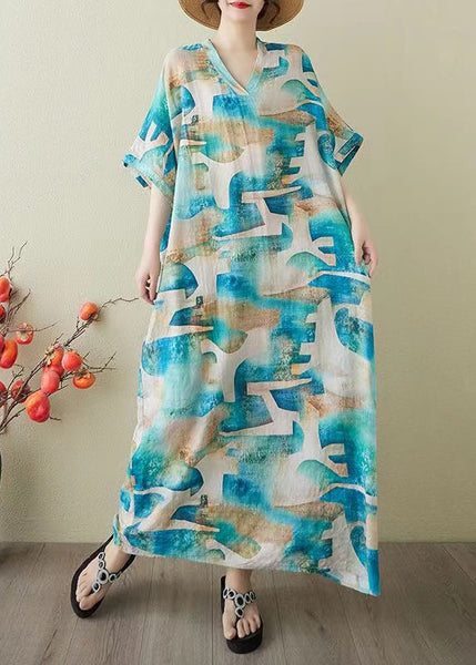Print Summer Dress Blue Oversized Party Women Cotton FashionChic