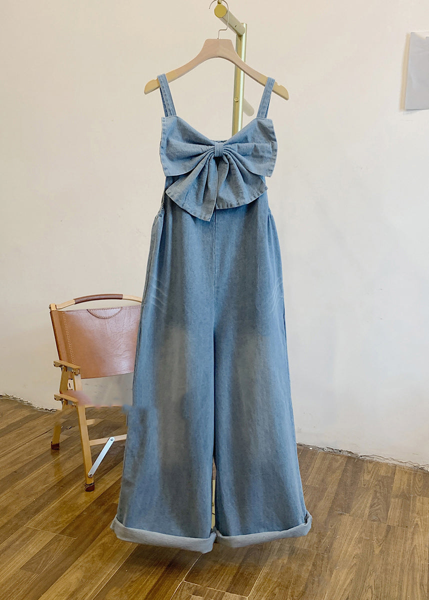 Women Patchwork Bow Denim Summer Blue Jumpsuits FashionChic