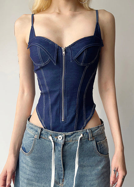 Blue Denim Cami Zippered Bodysuit Women Patchwork FashionChic