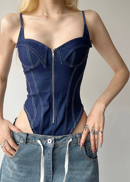 Blue Denim Cami Zippered Bodysuit Women Patchwork FashionChic