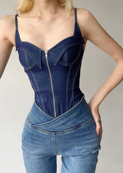 Blue Denim Cami Zippered Bodysuit Women Patchwork FashionChic