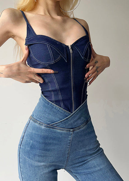 Blue Denim Cami Zippered Bodysuit Women Patchwork FashionChic