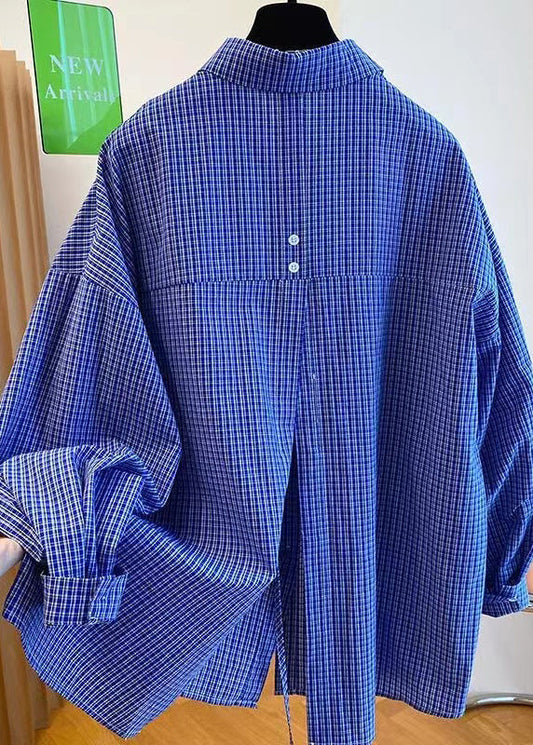 Women Blue Peter Pan Collar Plaid Cotton Shirts Top Fall WN040 ABC