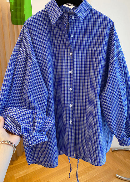 Women Blue Peter Pan Collar Plaid Cotton Shirts Top Fall WN040 ABC