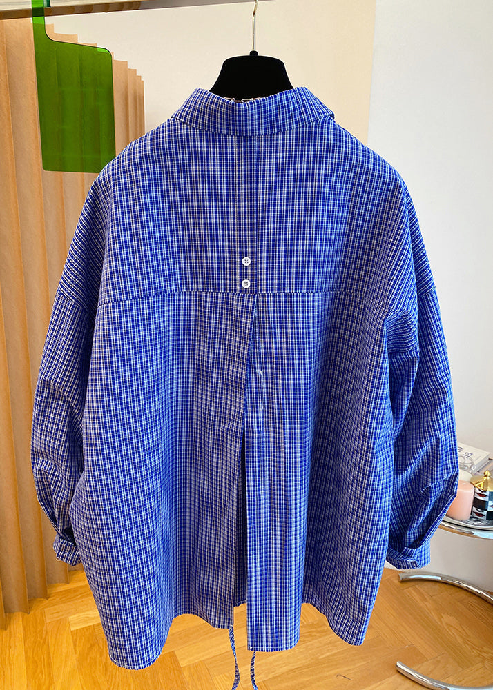 Women Blue Peter Pan Collar Plaid Cotton Shirts Top Fall WN040 ABC