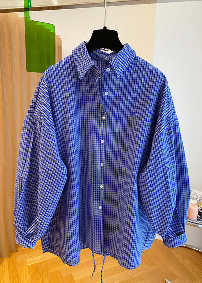 Women Blue Peter Pan Collar Plaid Cotton Shirts Top Fall WN040 ABC