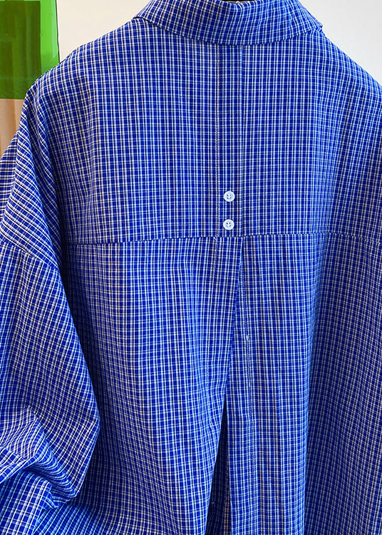 Women Blue Peter Pan Collar Plaid Cotton Shirts Top Fall WN040 ABC