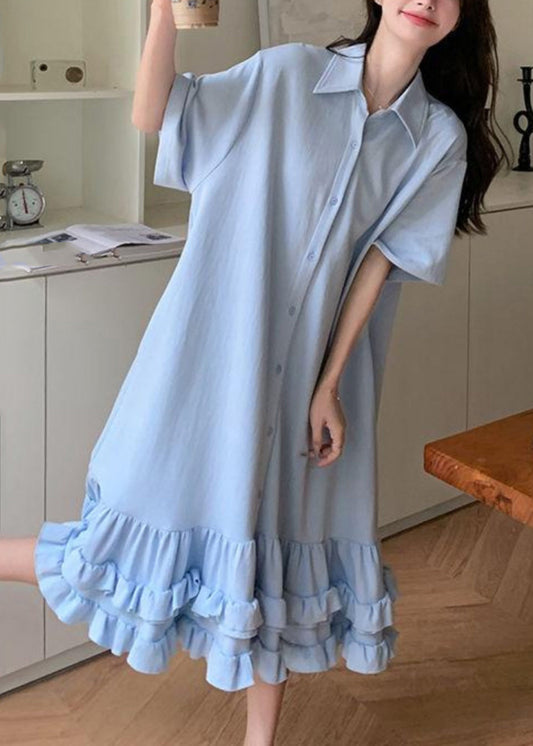 Pan Collar Blue Short Women Ruffled Peter Maxi Dress Patchwork FashionChic