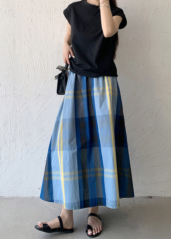 Women Blue Plaid Exra Large Hem Cotton Skirt Spring TZ009