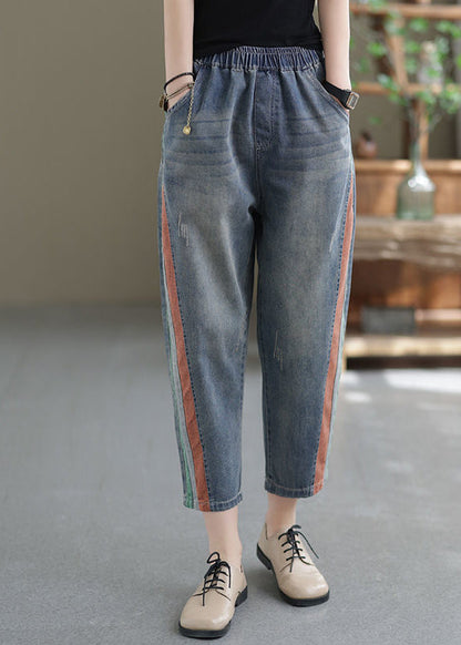 Women Blue Pockets Elastic Waist Denim Crop Pants Summer BV081 MZF-CPTS240702