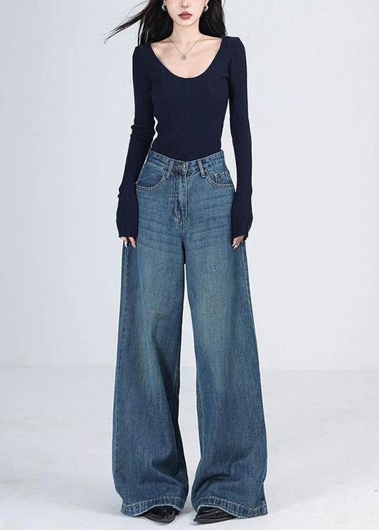 Women Blue Pockets High Waist Denim Wide Leg Pants Winter RS041 ABC