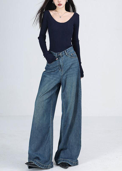 Women Blue Pockets High Waist Denim Wide Leg Pants Winter RS041 ABC