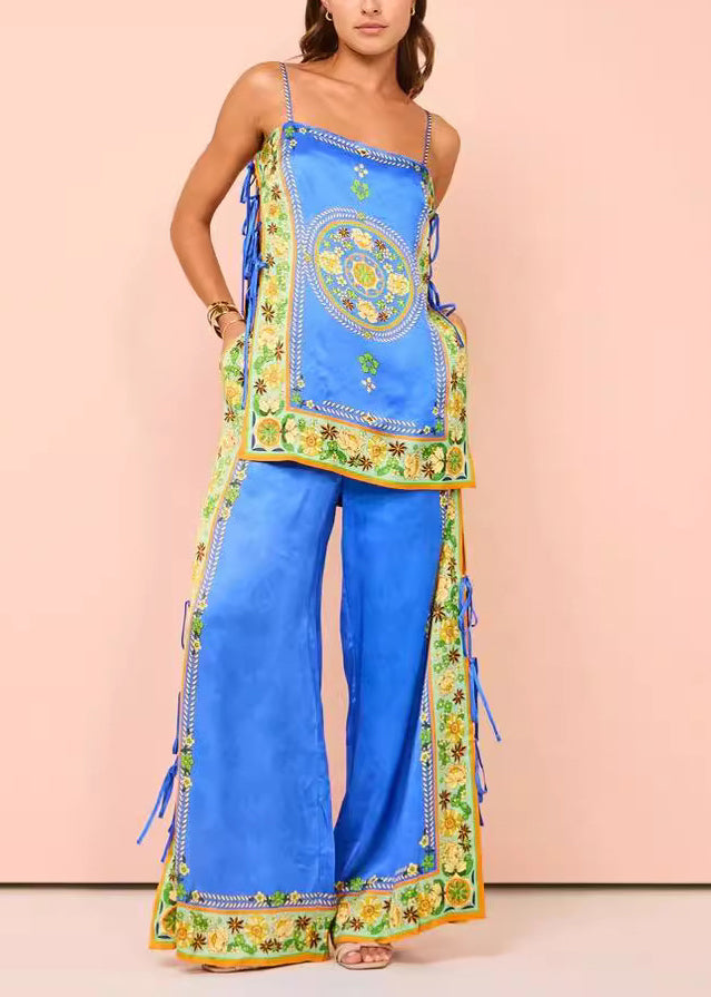 And Two Wide Tasseel Print Pants Women Top Leg Blue Patchwork FashionChic