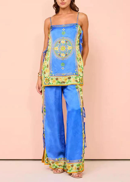 And Two Wide Tasseel Print Pants Women Top Leg Blue Patchwork FashionChic