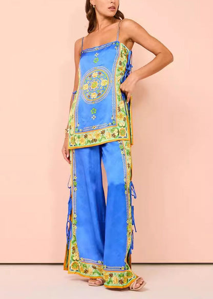 And Two Wide Tasseel Print Pants Women Top Leg Blue Patchwork FashionChic