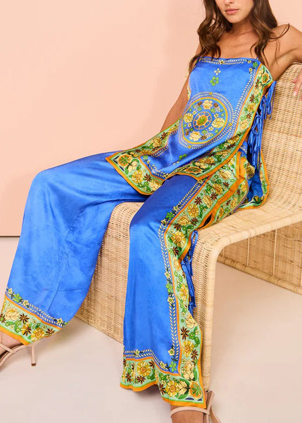 And Two Wide Tasseel Print Pants Women Top Leg Blue Patchwork FashionChic