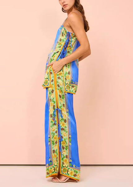 And Two Wide Tasseel Print Pants Women Top Leg Blue Patchwork FashionChic