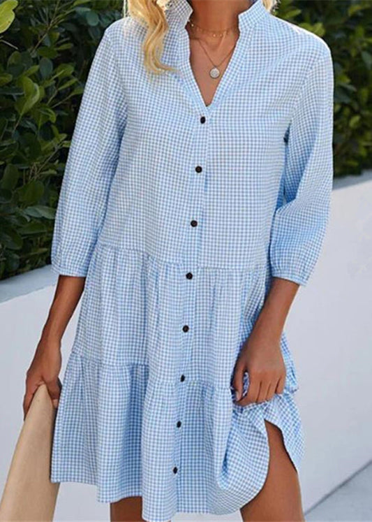 Plaid Mid Blue Button Fall Collar Dress Stand Women Shirts FashionChic
