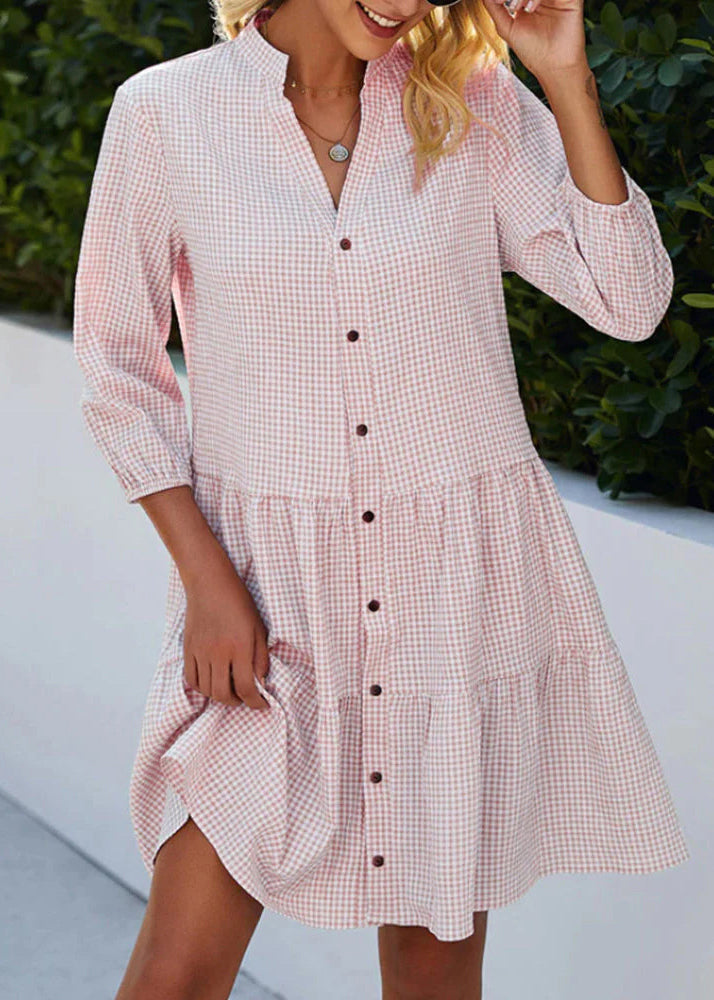 Plaid Mid Blue Button Fall Collar Dress Stand Women Shirts FashionChic