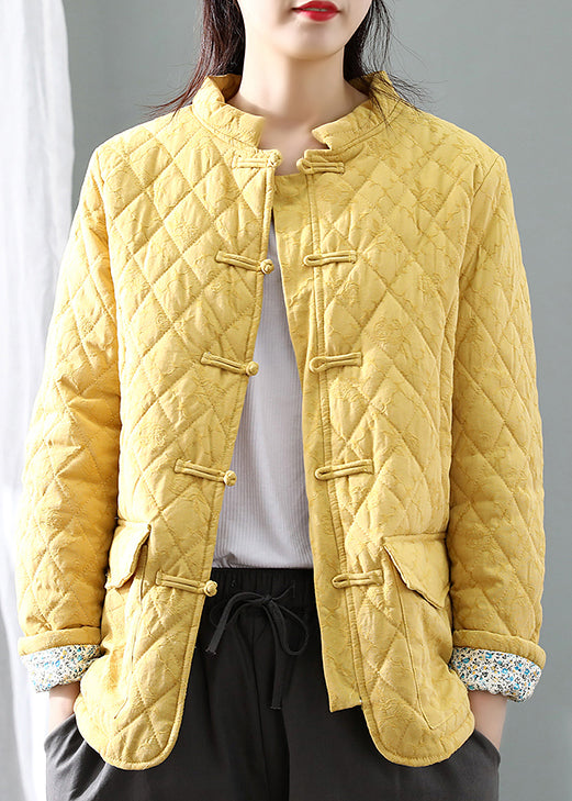 Women Blue Stand Collar Plaid Button Thick Parka Winter QG031 OM-DJK241016