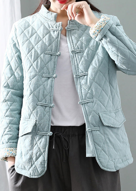 Women Blue Stand Collar Plaid Button Thick Parka Winter QG031 OM-DJK241016