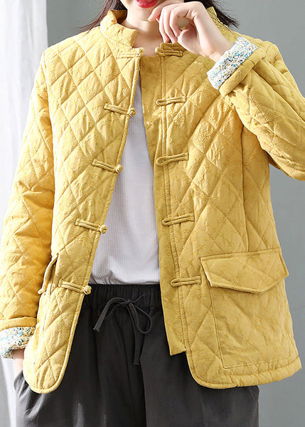 Women Blue Stand Collar Plaid Button Thick Parka Winter QG031 OM-DJK241016