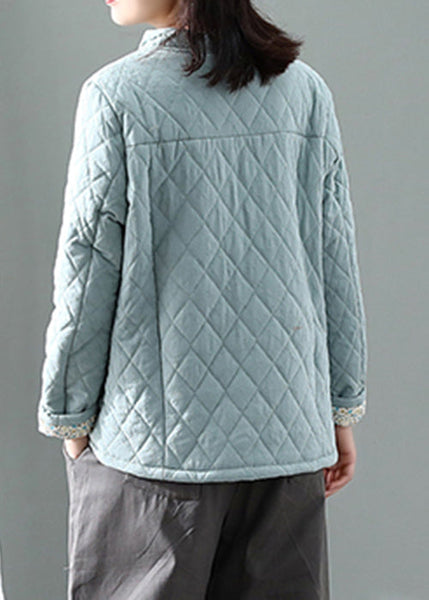 Women Blue Stand Collar Plaid Button Thick Parka Winter QG031 OM-DJK241016