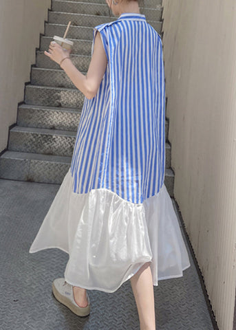 Women Blue Striped Patchwork Button Chiffon Long Dress Summer UU1034 SH-LF-SDL240526