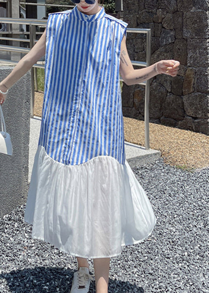 Women Blue Striped Patchwork Button Chiffon Long Dress Summer UU1034 SH-LF-SDL240526