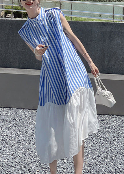 Women Blue Striped Patchwork Button Chiffon Long Dress Summer UU1034 SH-LF-SDL240526