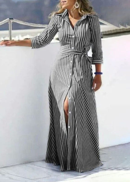 Blue Women Dress Shirt Summer Waist Striped Cotton Tie FashionChic