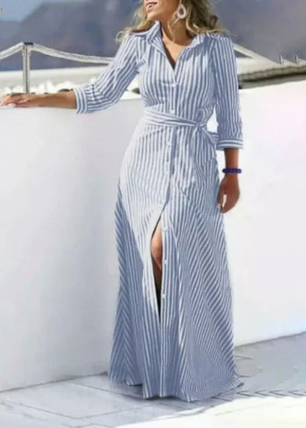 Blue Women Dress Shirt Summer Waist Striped Cotton Tie FashionChic