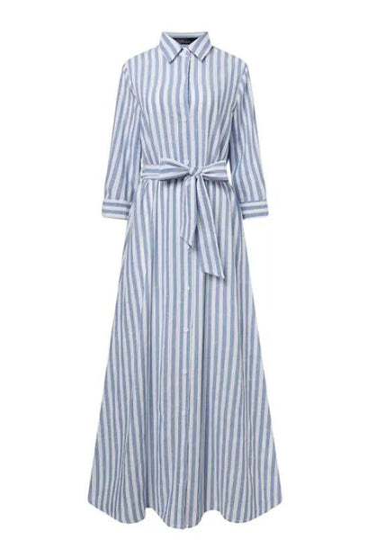 Blue Women Dress Shirt Summer Waist Striped Cotton Tie FashionChic