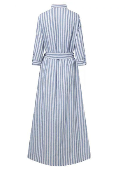 Blue Women Dress Shirt Summer Waist Striped Cotton Tie FashionChic