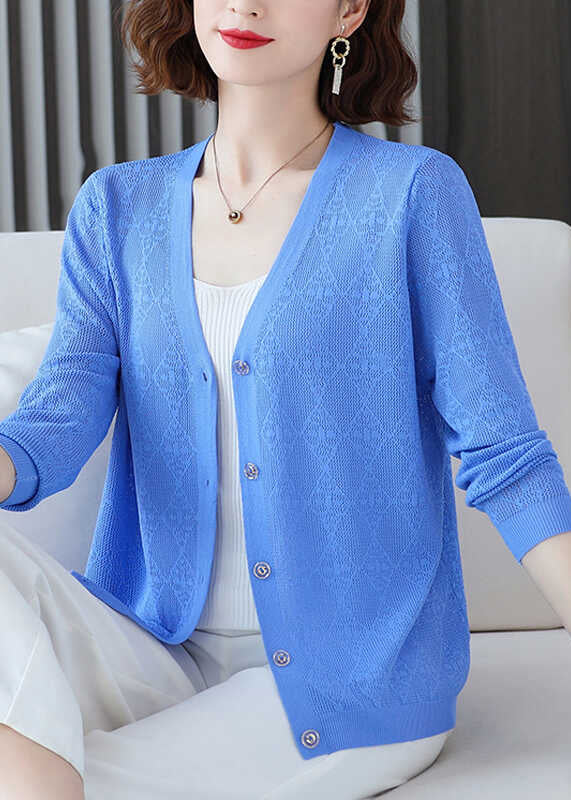 Women Blue V Neck Ice Silk Knit Loose Coat Fall QO038 OM-ZS241008