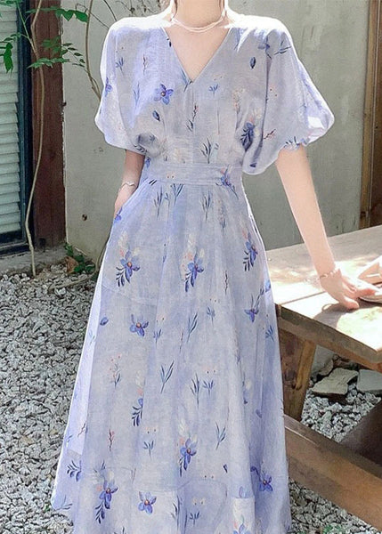 Women Blue V Neck Print Cotton Long Dress Summer KJ006 ZS-SDL240715