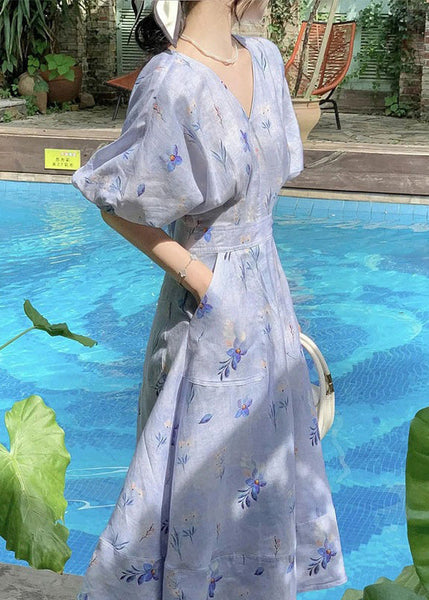 Women Blue V Neck Print Cotton Long Dress Summer KJ006 ZS-SDL240715
