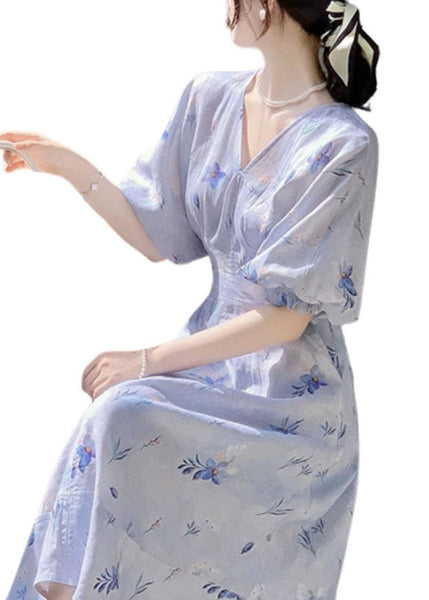 Women Blue V Neck Print Cotton Long Dress Summer KJ006 ZS-SDL240715