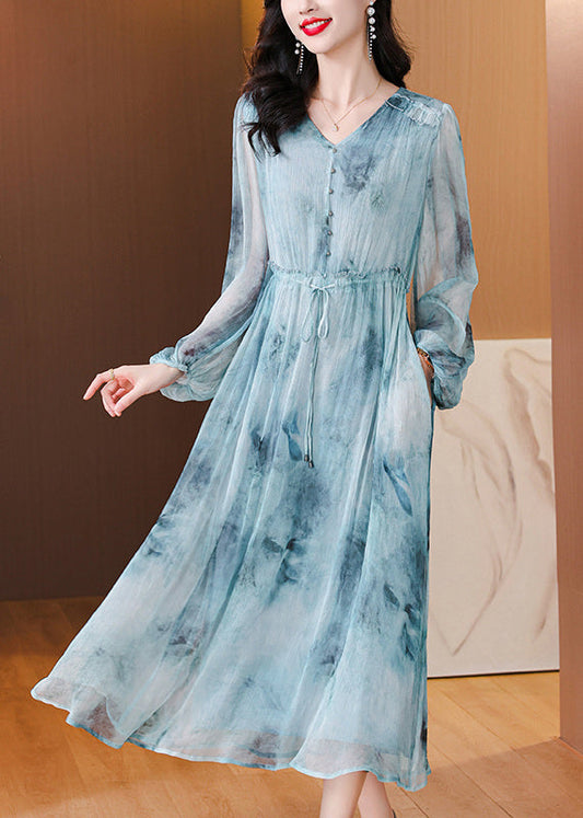 Women Blue V Neck Print Drawstring Silk Dress Lantern Sleeve BB022 Hawaii-SDL240622