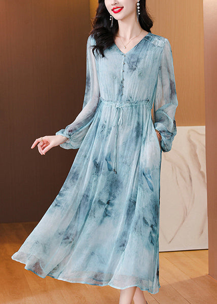 Women Blue V Neck Print Drawstring Silk Dress Lantern Sleeve BB022 Hawaii-SDL240622