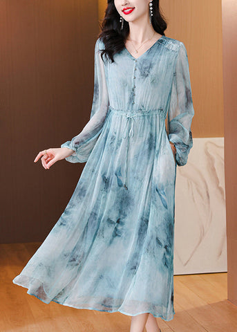 Women Blue V Neck Print Drawstring Silk Dress Lantern Sleeve BB022 Hawaii-SDL240622