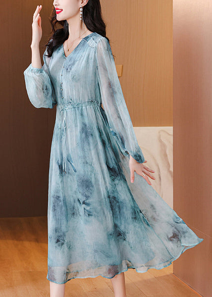 Women Blue V Neck Print Drawstring Silk Dress Lantern Sleeve BB022 Hawaii-SDL240622