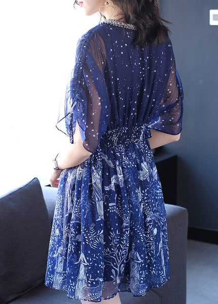 Nail Sleeve Bead Batwing Dresses Chiffon V Print Women Neck Blue FashionChic