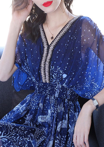 Nail Sleeve Bead Batwing Dresses Chiffon V Print Women Neck Blue FashionChic